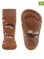 Skarpetki dla dzieci - ewers Skarpety antypoślizgowe (2 pary) "SoftStep" w kolorze brązowym - miniaturka - grafika 1