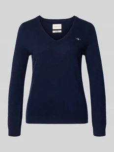 Sweter z dzianiny z mieszanki wełny jagnięcej z dekoltem w serek - Swetry damskie - miniaturka - grafika 1