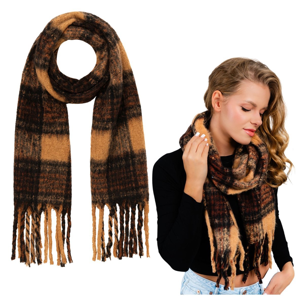 Szalik Zimowy Brązowy Duży z Frędzlami Puszysty Przyjemny Ciepły Wygodny