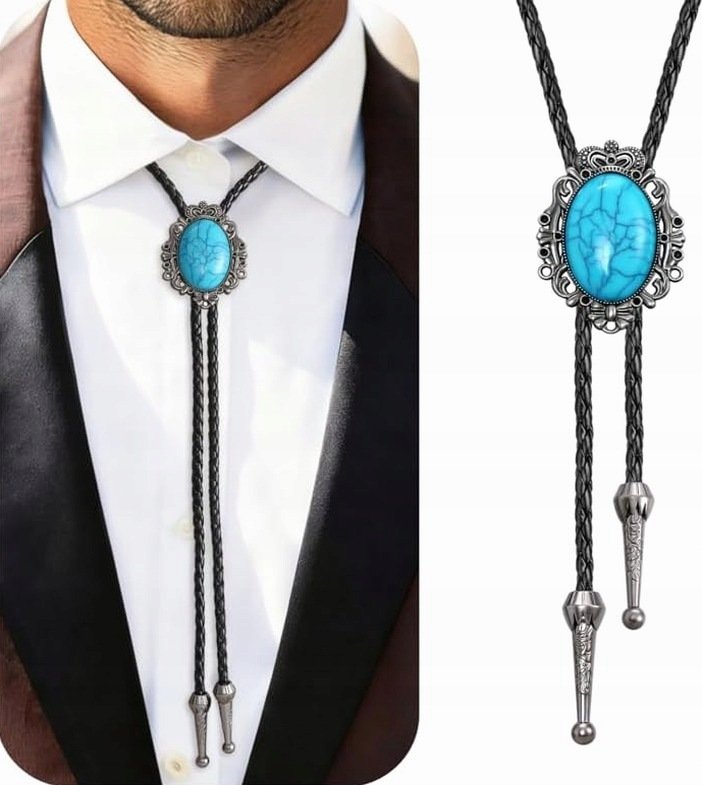 KRAWAT BOLO 100 CM KOWBOJSKI WESTERN OWALNY TURKUSOWY CZARNY UNISEX