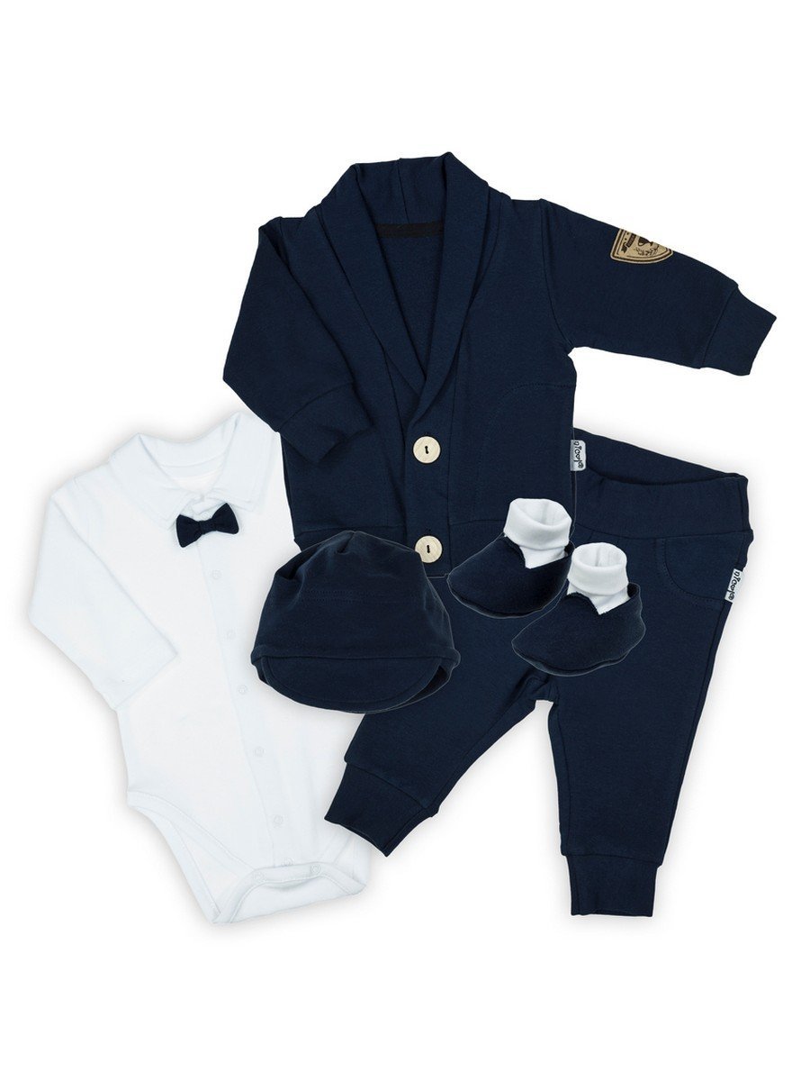 Niemowlęcy komplet body z długim rękawem, czapka, buty dresowe, spodnie i bluza granatowe Nicol,r.56