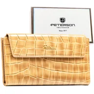 Portfele - Portfel damski lakierowany PETERSON duży rozbudowany na karty elegancki slim zatrzask i suwak beżowy - miniaturka - grafika 1