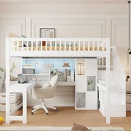 Łóżka dla dzieci i młodzieży - Łóżko piętrowe 140×200 cm - z oświetleniem LED - ze schodami ze schowkiem - z półkami - z biurkiem - Białe (materac nie jest zawarty) - miniaturka - grafika 1
