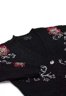 Swetry damskie - faina Damski średniej długości, modny kardigan z cekinami i kwiatowym wzorem, czarny, rozmiar XS/S, czarny, XL - grafika 1