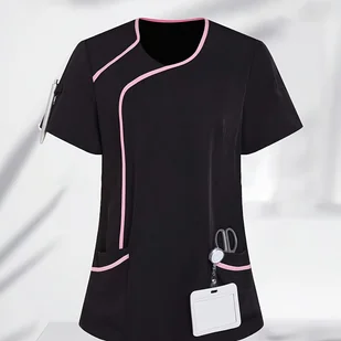 TEMU Stylowa Koszula Robocza z Krótkim Rękawem w Kontrastowe Czarne i Różowe Wykończenia - Bluzka z Okrągłym Dekoltem o Wschodnioazjatyckiej - Inne - miniaturka - grafika 1