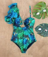 Stroje kąpielowe - Jednoczęściowy strój kąpielowy z falbaną - Niebieski L - miniaturka - grafika 1