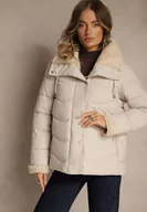 Kurtki damskie - Ciemnobeżowa Kurtka z Pikowanymi Przeszyciami i Kapturem Zdobiona Futerkiem Olevesa - miniaturka - grafika 1