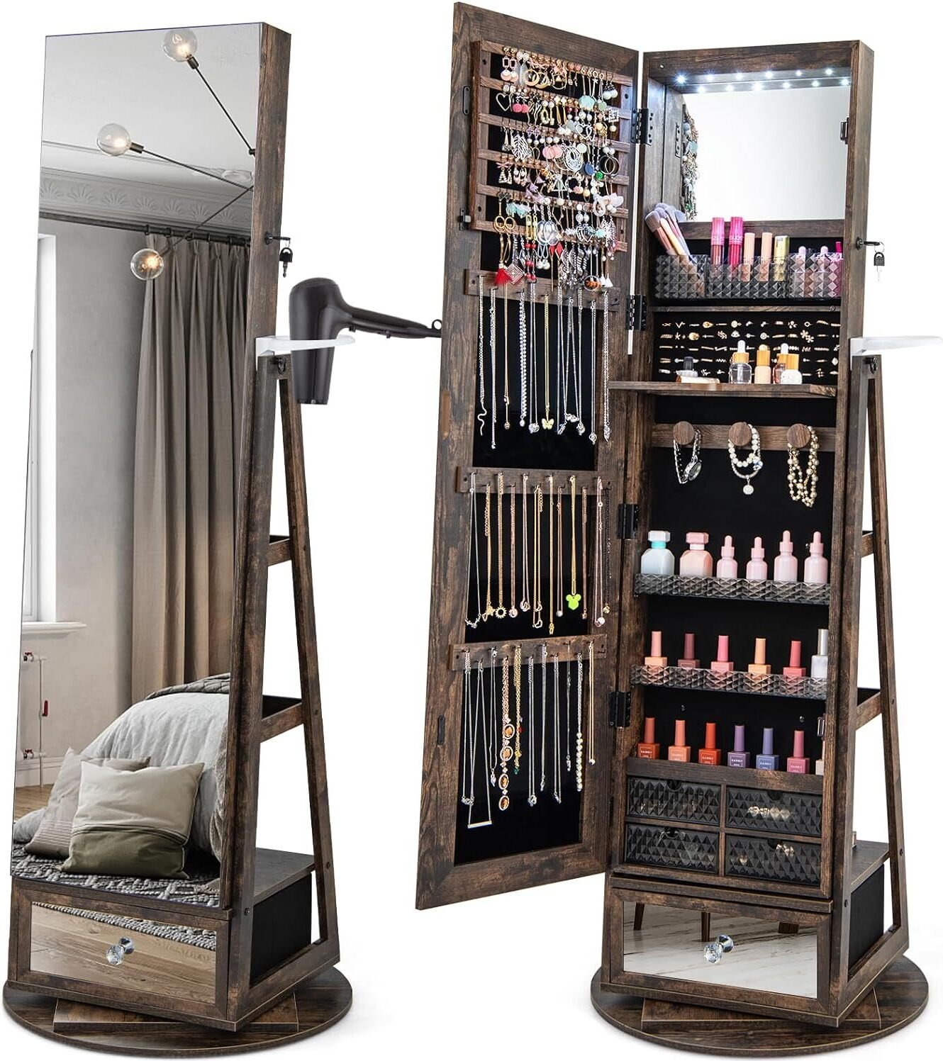 Szafka na biżuterię COSTWAY obracana o 360° z pełnowymiarowym lustrem, zamykane oświetlenie LED, stojące lustro na biżuterię (rustykalny brąz)