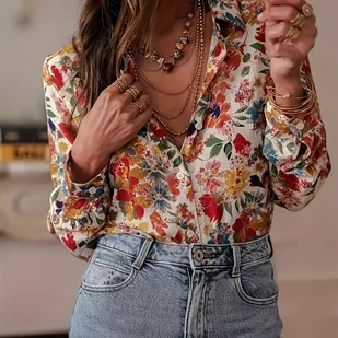 TEMU Elegancka bluzka damską w stylu francuskim z kwiatowym wzorem - błyszczące czerwone, różowe i niebieskie kwiaty z zielonymi liśćmi, długi rękaw, - Koszule damskie - miniaturka - grafika 1