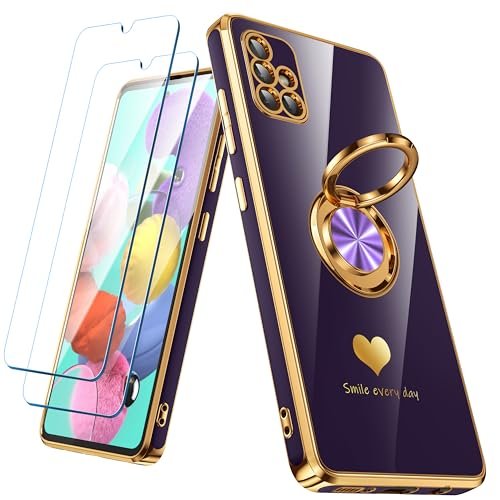 Nonional Etui do Samsung Galaxy A51 4G z 2 szt. ochraniaczy ekranu, obracany o 360° uchwyt pierścieniowy [luksusowy wzór w serca] platerowane złotą krawędzią, smukłe, miękkie etui na telefon Galaxy