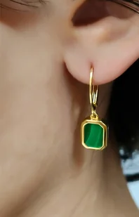 Kolczyki srebrne pozłacane z malachitem naturalnym-prostokąty - Kolczyki - miniaturka - grafika 1