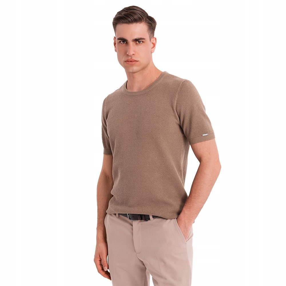 Koszulka męska dzianina sweterkowa jasnobrązowa Ombre OM-TSCT-0244 V2 r XXL