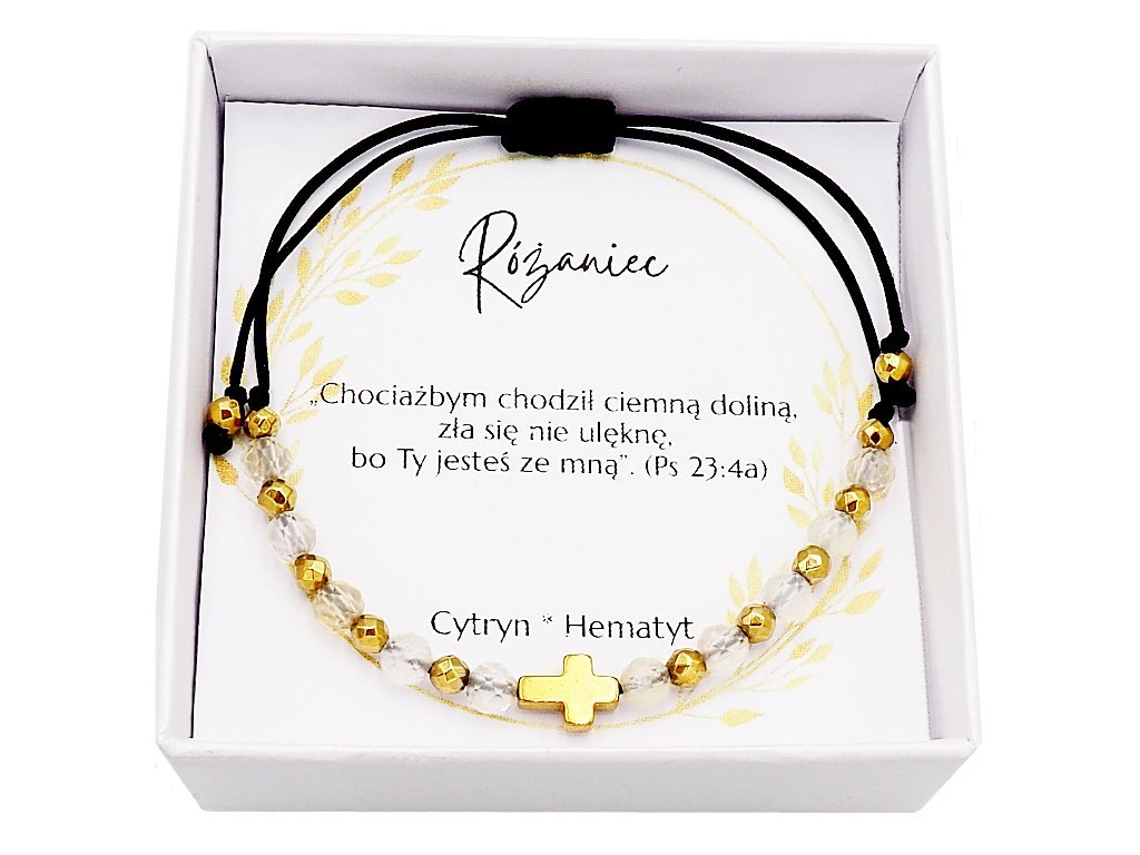 Bransoletka różaniec Cytryn i hematytem ręcznie robiony, prezent Komunia, Bierzmowanie