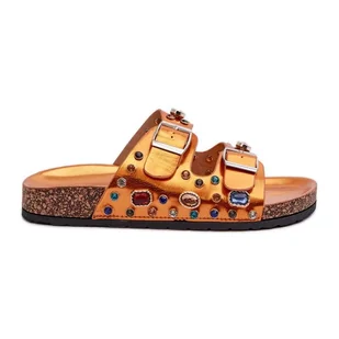 Zdobione Klapki Damskie Z Klamrami S.Barski MY121 Pomarańczowe złoty - Klapki i japonki damskie - miniaturka - grafika 1