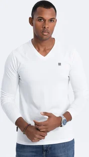 Ombre Longsleeve męski z elastanem sygnowany z dekoltem w serek - biały V1 OM-LSCL-0110 S - Koszulki męskie - miniaturka - grafika 1