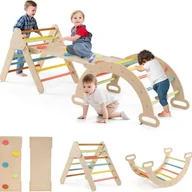 Place zabaw - 7 w 1 Trójkątny Łuk Montessori, Łuk do Wspinania Się dla Dzieci z Drewnianą Zjeżdżalnią, Rampą, Regulowaną Drabinką, Nośność 50 kg (Pastelowy) - miniaturka - grafika 1