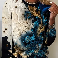 Bluzki damskie - TEMU Koszulka Damska Casual z Geometrycznym Wzorem Kwiatowym – Luźny Fason, Okrągły Dekolt, Pranie w Praniu Maszynowym, Niezbędnik na Wiosnę i Jesień - miniaturka - grafika 1