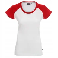 Koszulki i topy damskie - Koszulka damska bawełniana czerwone rękawy T-shirt na codzień biały XL - miniaturka - grafika 1