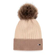 Czapki damskie - Damska czapka z futerkowym pomponem biało - beżowa - miniaturka - grafika 1
