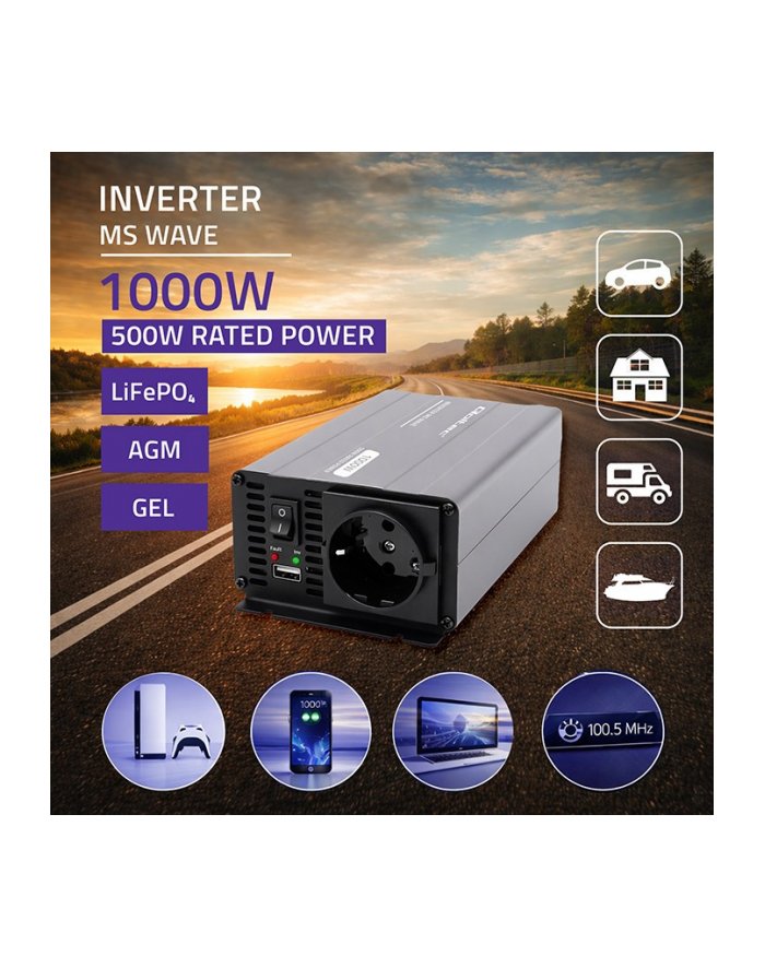 qoltec Przetwornica napięcia MS Wave 12V na 230V 500/1000W