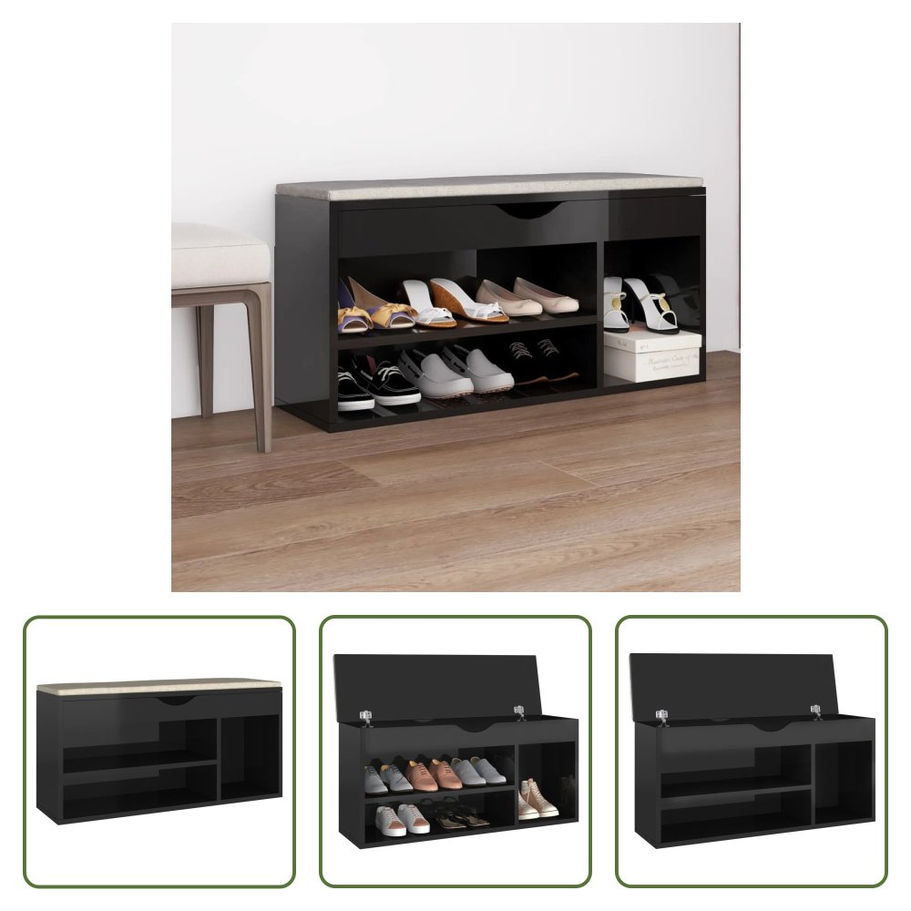 The Living Store Ławka na buty z poduszką czarny wysoki połysk 104x30x49cm