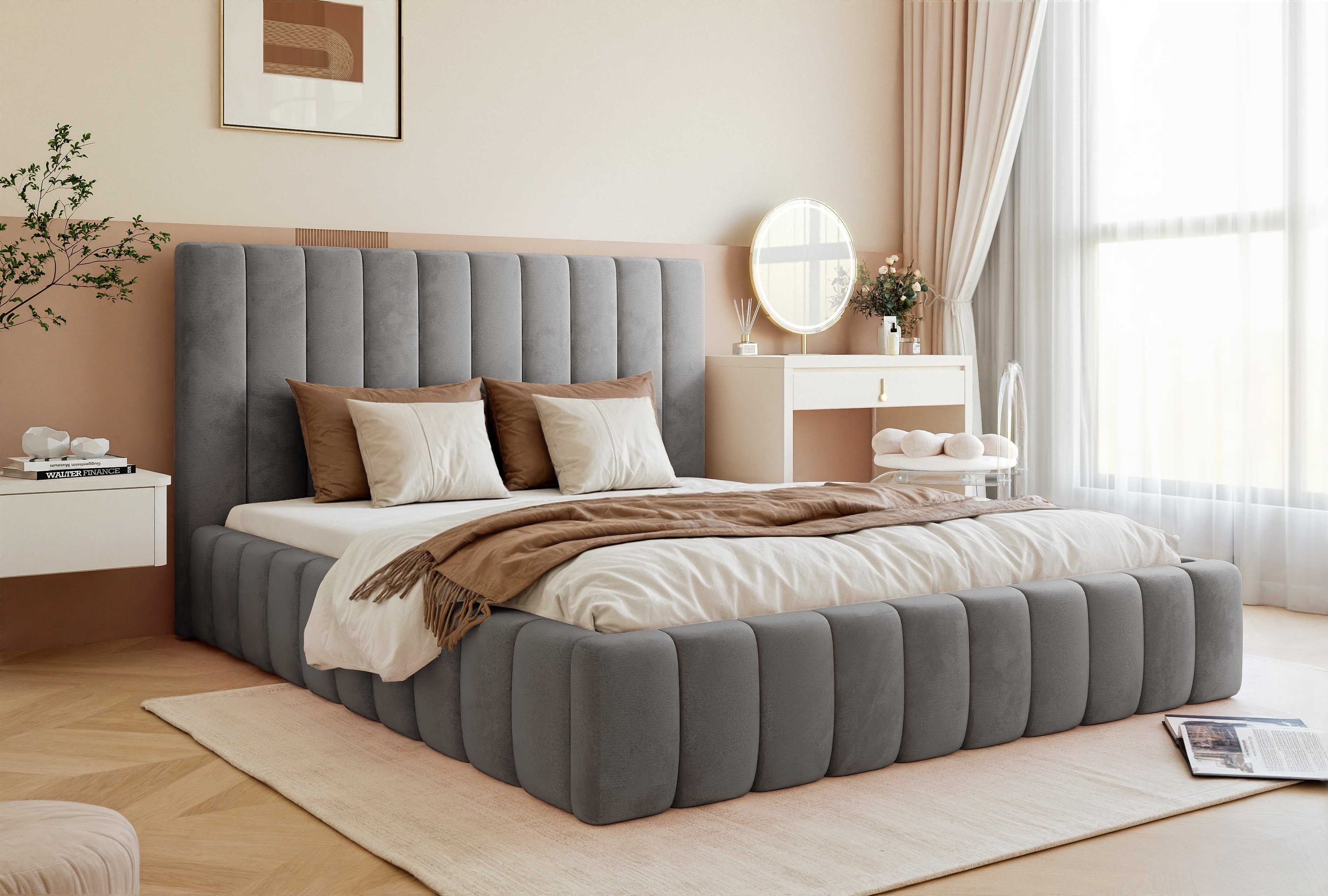 Meble Besilio - Podwójne łóżko 180x200 Tina Slim - Łóżko tapicerowane, łóżko do sypialni ze stelażem i podstawą łóżka - Aksamitna tkanina - Ciemnoszary & Velluto 18