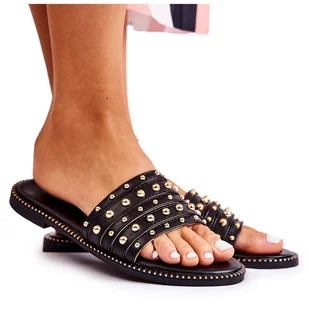 S.Barski Damskie Skórzane Klapki Z Ozdobą Czarne Brien - Klapki i japonki damskie - miniaturka - grafika 1