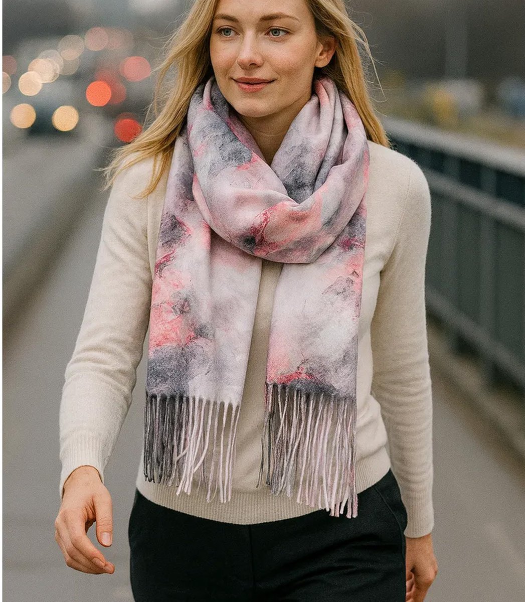 Szal damski z motywem akwarelowych kwiatów frędzle