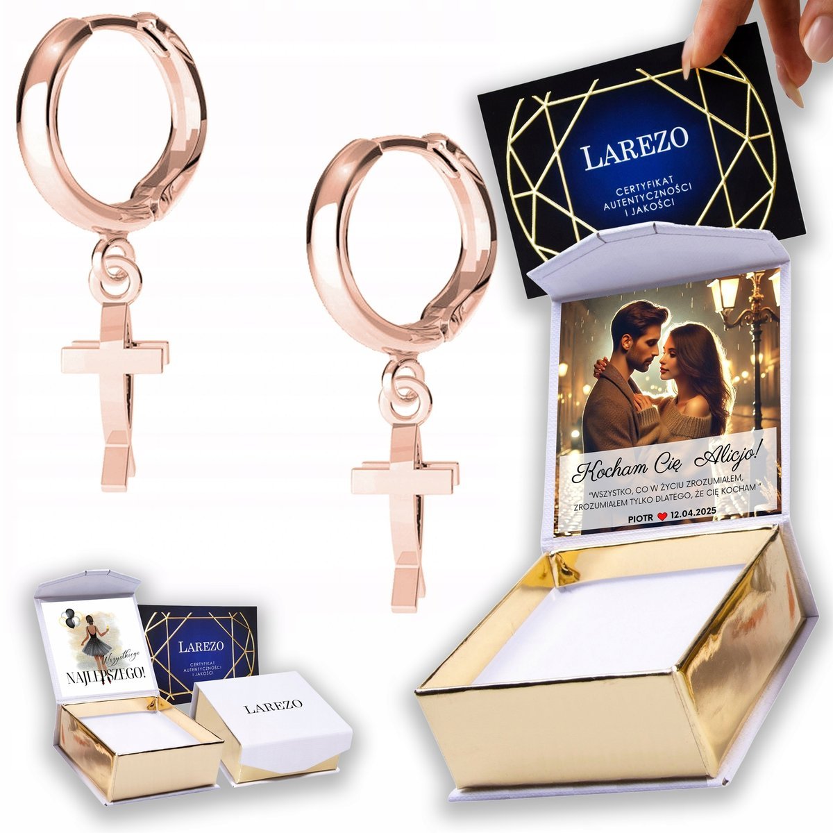 Kolczyki Pozłacane 925 Krzyże Rybki Cross Krzyżyki Ryby Krzyż NADRUK