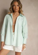 Koszule damskie - Zielona Koszula z Bawełny o Kroju Oversize w Paski z Metalicznymi Zdobieniami Pasenitia - miniaturka - grafika 1