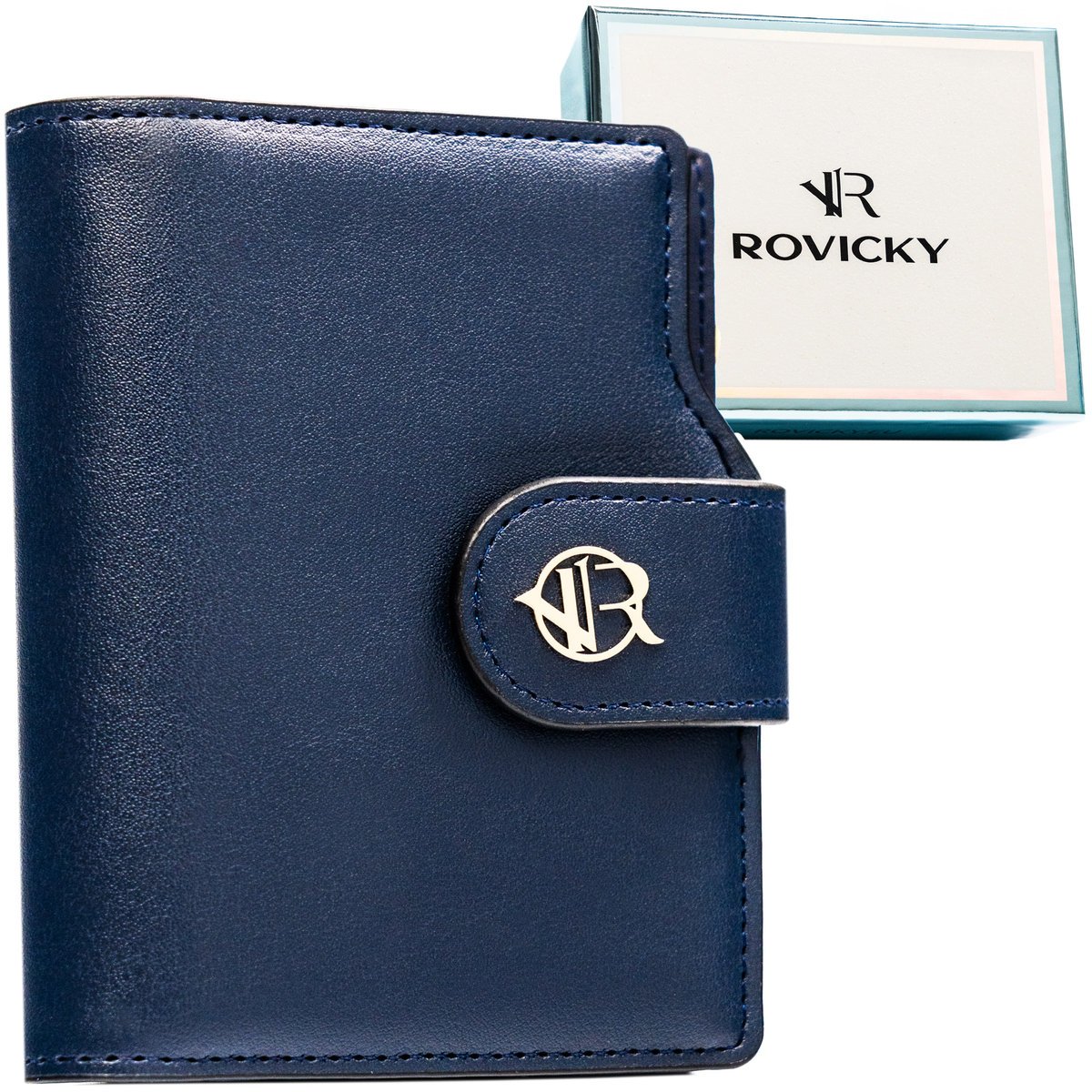 Portfel damski na zatrzask i suwak ROVICKY mały pionowy elegancki rozbudowany na karty i dokumenty granatowy