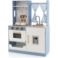 Zabawki AGD - Kuchnia dziecięca z drewna, kuchnia do zabawy z zasłonami, zlewozmywak, piekarnik i dozownik wody, kuchnia zabawkowa z naczyniami do gotowania, - miniaturka - grafika 1