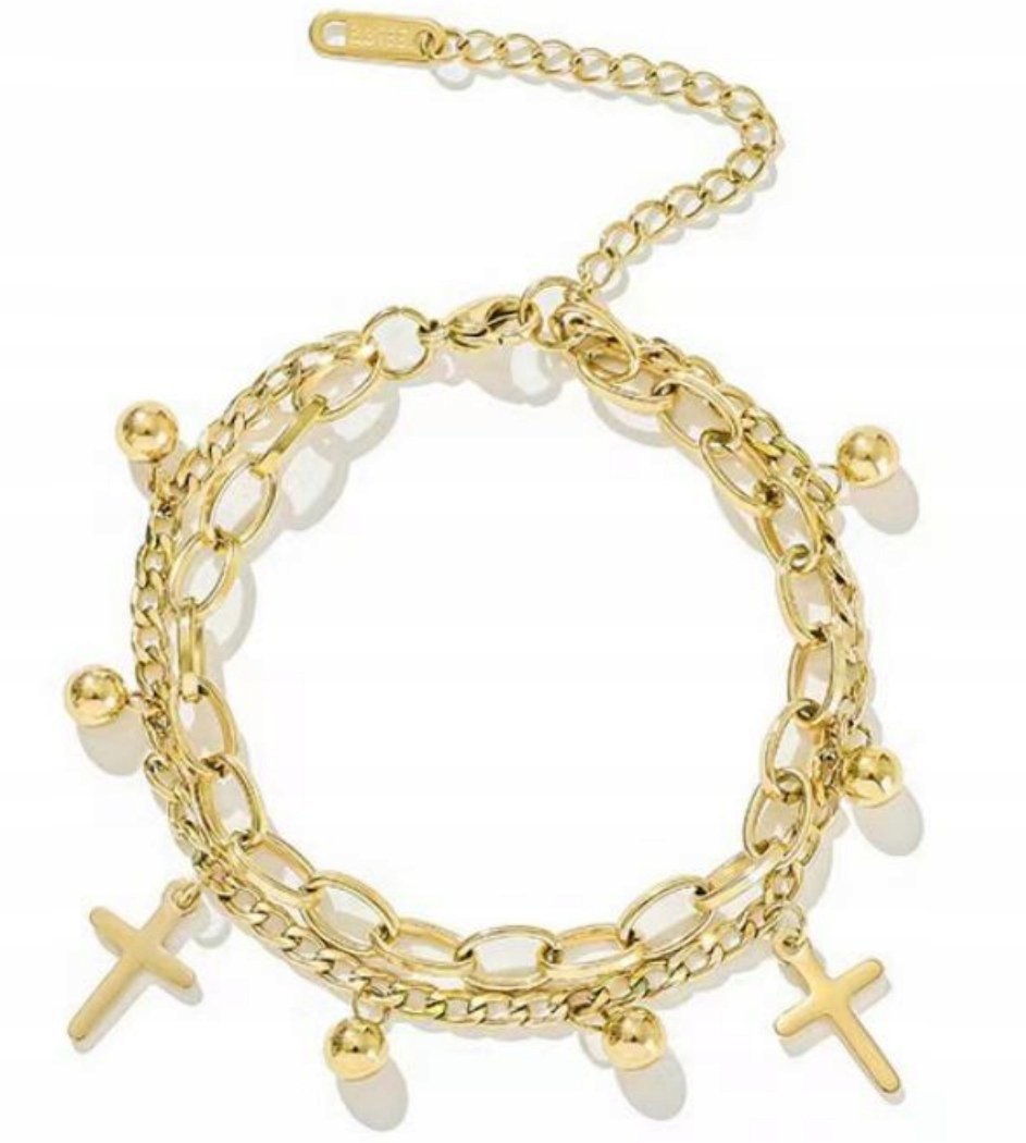 Złota Bransoletka Łańcuszek z Krzyżykiem Krzyż Stal Szlachetna