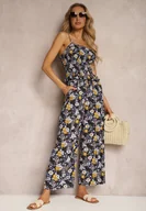 Komplety damskie - Granatowy Komplet z Bawełny Marszczony Top na Ramiączkach Szerokie Spodnie z Gumką w Talii Elary - miniaturka - grafika 1