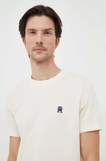 Koszulki męskie - Tommy Hilfiger t-shirt bawełniany męski kolor beżowy z aplikacją - grafika 1