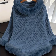 Swetry damskie - TEMU Elegancka damska chusta z imitacji - miękka, ciepła zimowa peleryna z falbanką, szykowny i paskowany design, przytulna odzież wierzchnia na - miniaturka - grafika 1