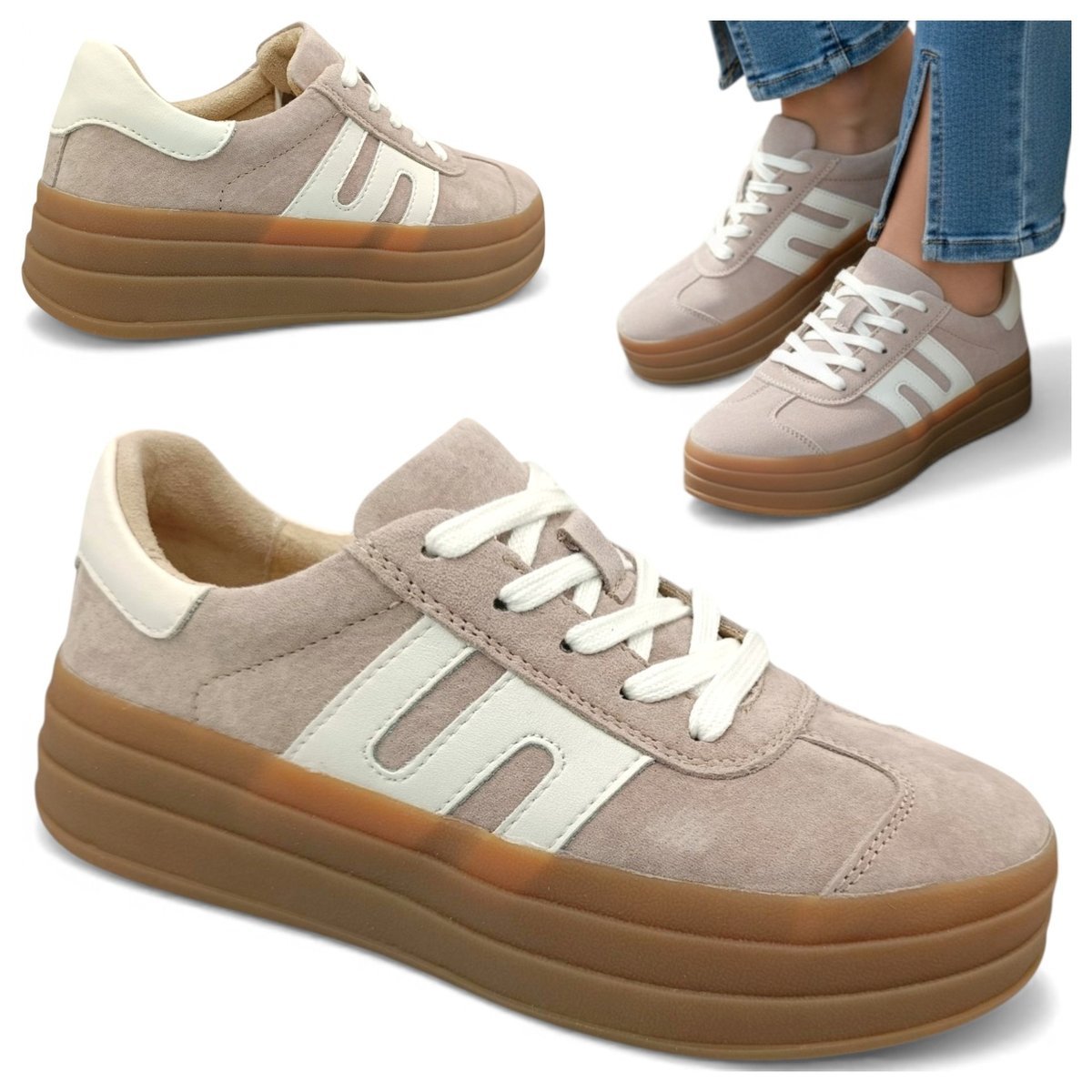 Sneakersy Damskie SKÓRZANE Wygodne Półbuty Beżowe na Platformie Vinceza 37