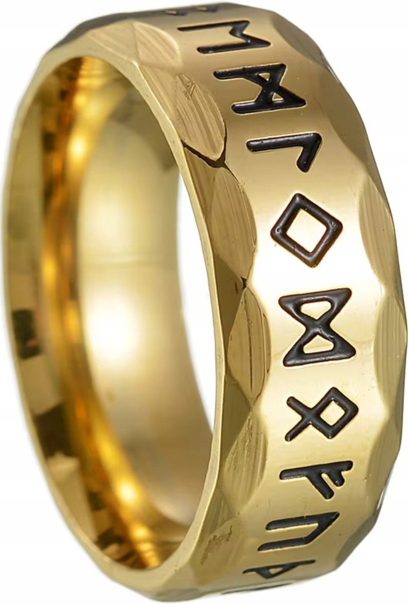 Złoty Nordycki Pierścień z Runicznymi Symbolami Runy Wiking Skandynawski