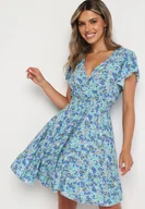 Sukienki - Niebieska Bawełniana Sukienka z Gumką w Talii i Dekoltem w Serek o Kwiatowym Wzorze Doradea - miniaturka - grafika 1