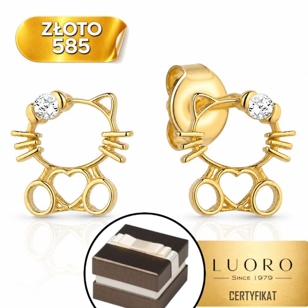 KOLCZYKI ZŁOTE 585 14K KOTEK SERCE CYRKONIA 6 MM SZTYFT ELEGANCKIE