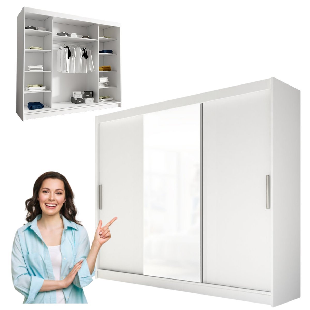 SZAFA przesuwna z lustrem DUŻA GARDEROBA 250cm ASTI I biały POJEMNA PÓŁKI