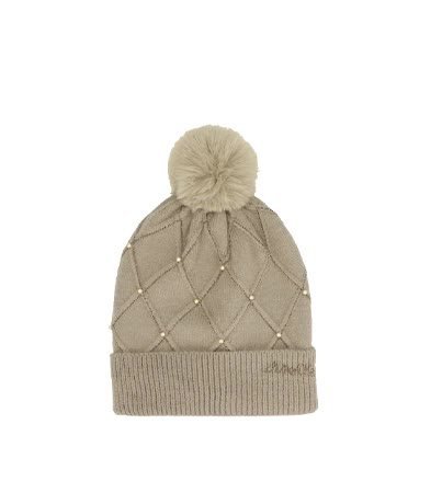 Czapka Anekke beżowa z kryształkami i perełkami