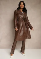 Płaszcze damskie - Brązowy Płaszcz Trencz z Ekoskóry o Dwurzędowym Kroju z Paskiem Nilianis - miniaturka - grafika 1