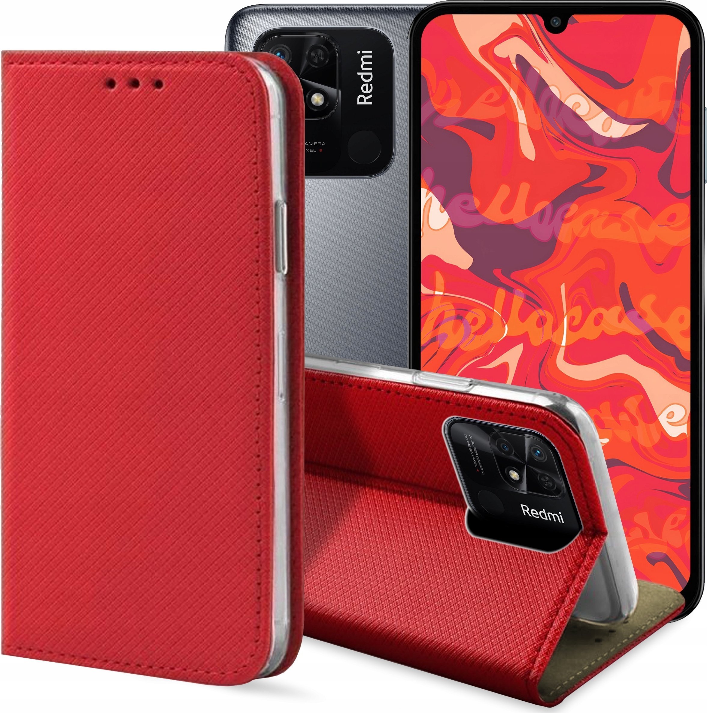 ETUI Z KLAPKĄ DO XIAOMI REDMI 10C / 12C CZERWONE MAGNETYCZNE CASE KABURA