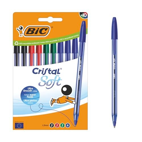 BIC Crystal Soft Medium Point Długopis kulkowy (1,2 mm) z atramentem Easy Glide - różne kolory, pudełko kartonowe 10 szt