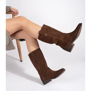 Brązowe skórzane kozaki damskie typu kowbojki na obcasie Sergio Leone - Kozaki damskie - miniaturka - grafika 1