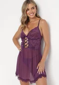 Bielizna nocna - Fioletowa Koronkowa Koszula Nocna z Wiązaniem pod Biustem oraz Stringi Bowyn - miniaturka - grafika 1