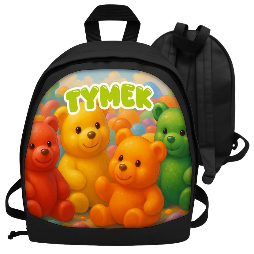 Plecak z imieniem dla dziecka personalizowany kolorowe MISIE ŻELKI słodycze