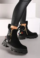 Botki damskie - Czarne Botki za Kostkę z Ozdobnym Suwakiem i Taśmą z Napisem Rivilissa - miniaturka - grafika 1