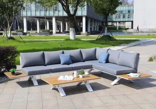 Aluminiowy zestaw ogrodowy HWC-M62, zestaw wypoczynkowy do ogrodu/salonu, sofa o wyglądzie drewna ~ rama biała, tapicerka jasnoszara - Meble ogrodowe - miniaturka - grafika 1